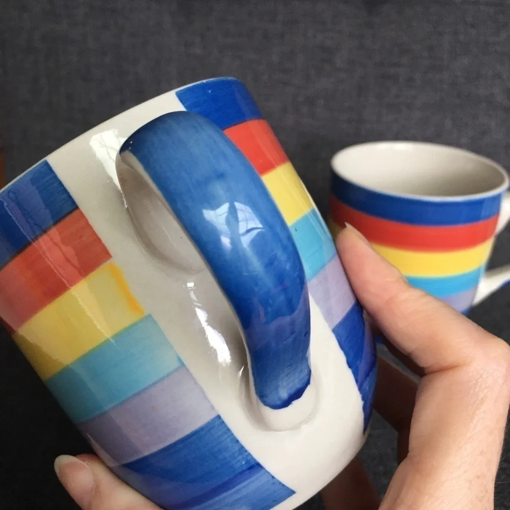 Set/2 Rainbow Striped Ceramic Coffee Mugs, 14 oz